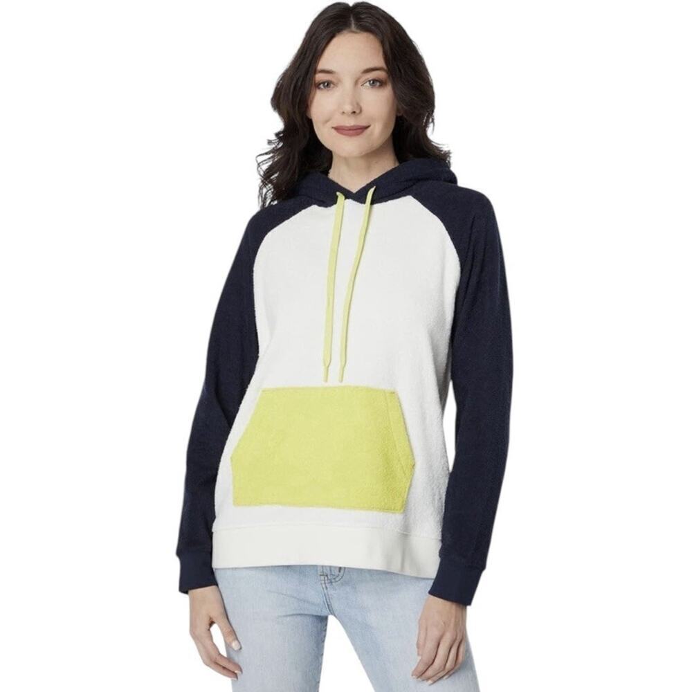 Outerknown Women's Hightide Navy Lime Green Colorblock Terry Hoodie Size Small